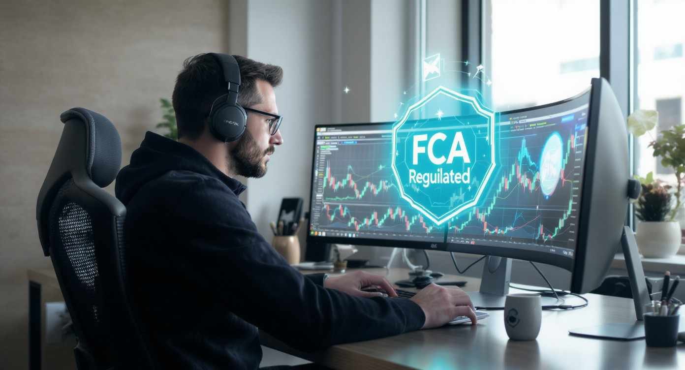 A split-screen concept: left side shows a chaotic path with unregulated brokers, red warnings, disappearing money; right side shows a safe, orderly path with FCA-regulated brokers, gold coins, and a shield symbol, UK skyline in the background, clean infographic-like composition, high-detail, professional and informative style.